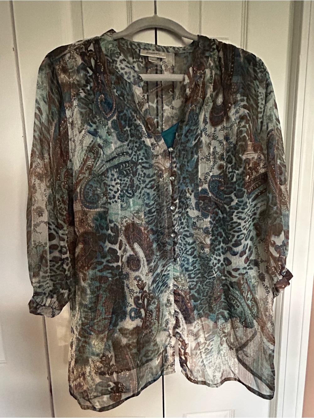 Dressbarn Sheer Paisley-Print Tunic Blouse in Teal and Brown